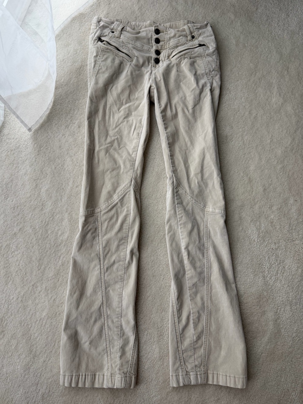 Free People Suede Velvet Light Beige Button-Front Straight ButtCut Leg Pants